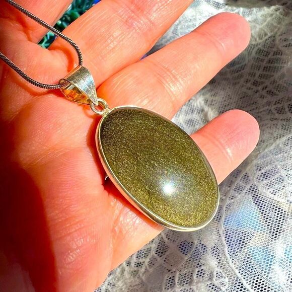 Vintage Jewelry - Vintage 90’s Gold Sheen Sharkskin Obsidian Pendant Necklace